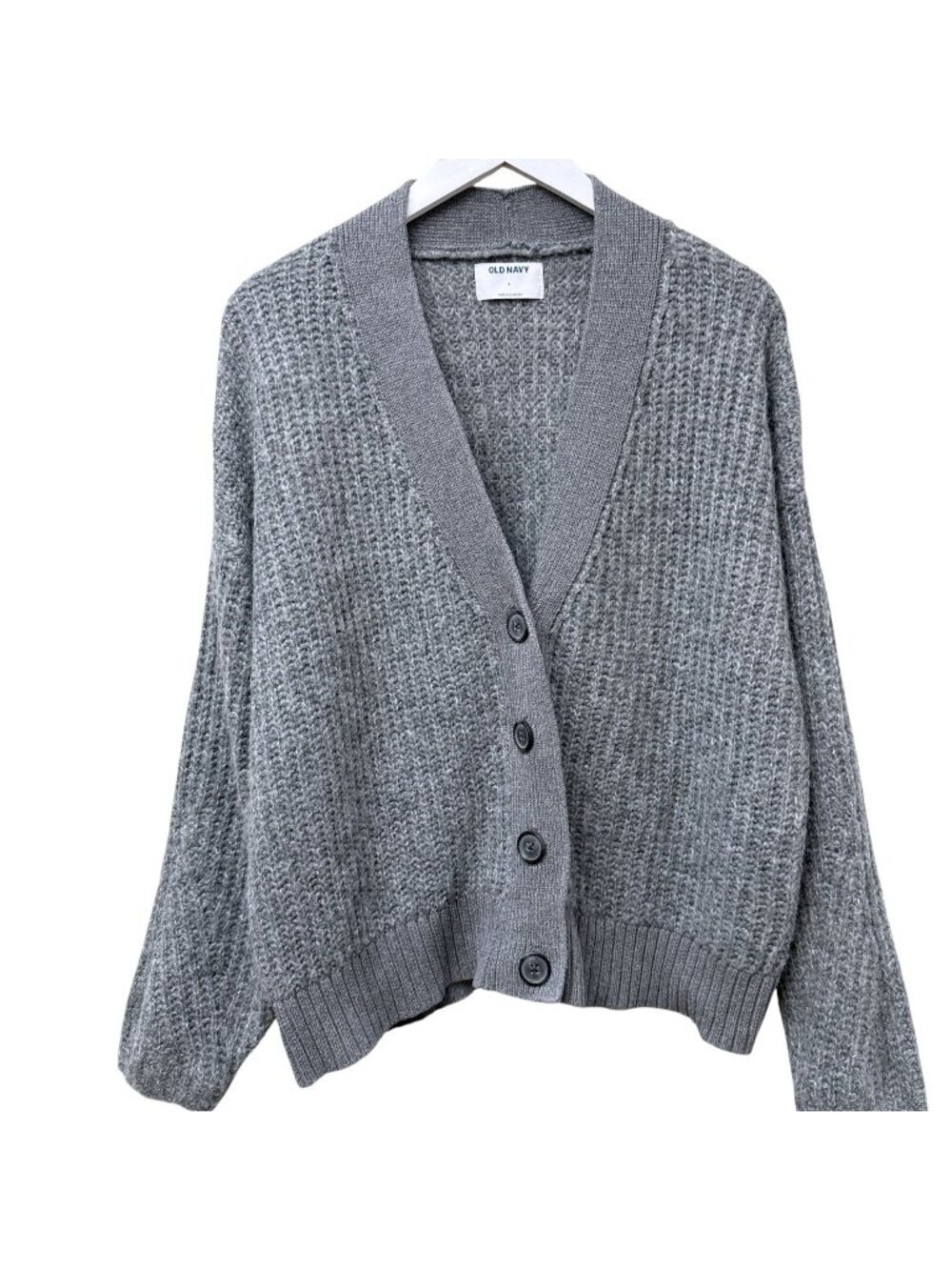 OLD NAVY Cardigan Sweater Womens Large Gray Chunky Knit V-Neck Wool Blend